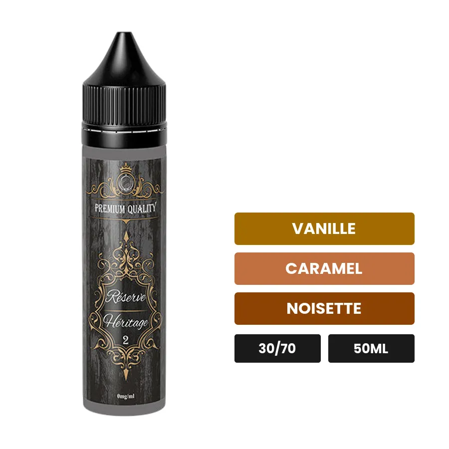 E-liquide Héritage N°2 Reserve d'O'Jlab, 50 ml, saveurs vanille, caramel et noisette.