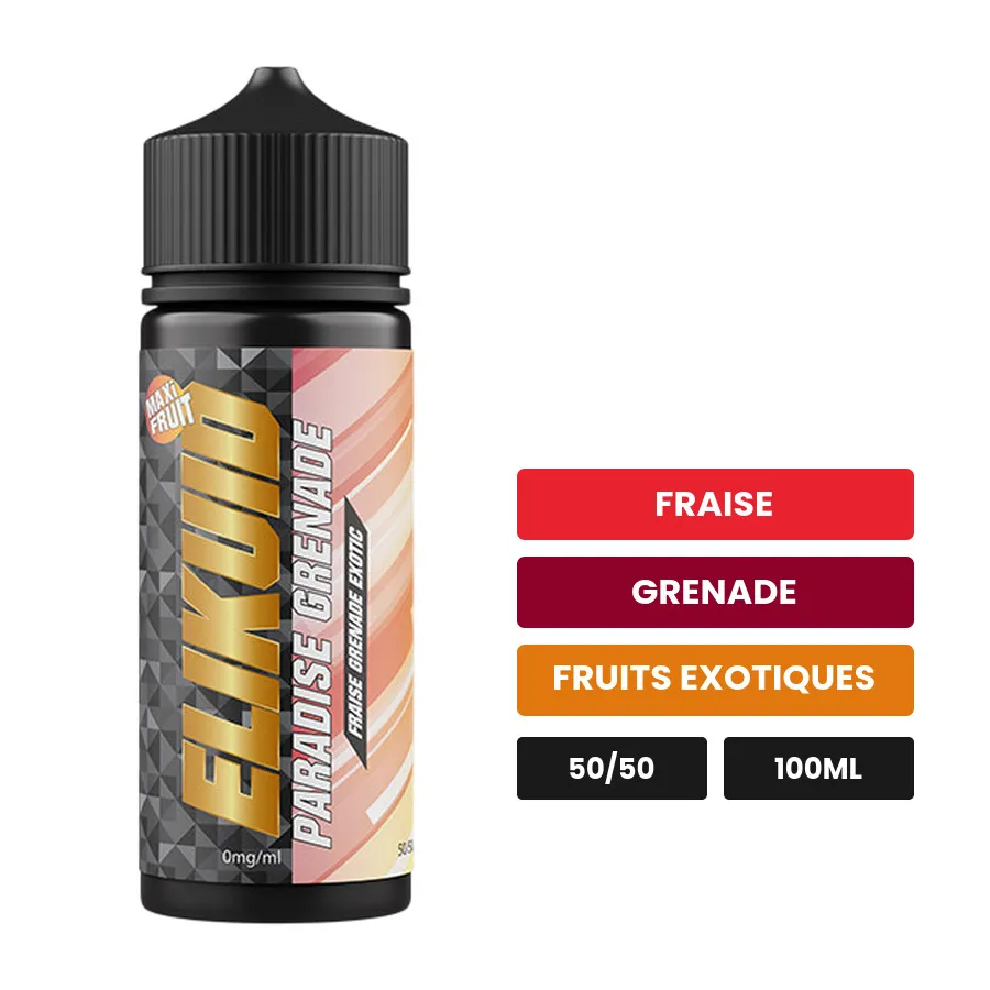 E-liquide Paradise Grenade d'O'Jlab, 100 ml, saveurs fraise, grenade et fruits exotiques, sans nicotine — prêt à booster de.