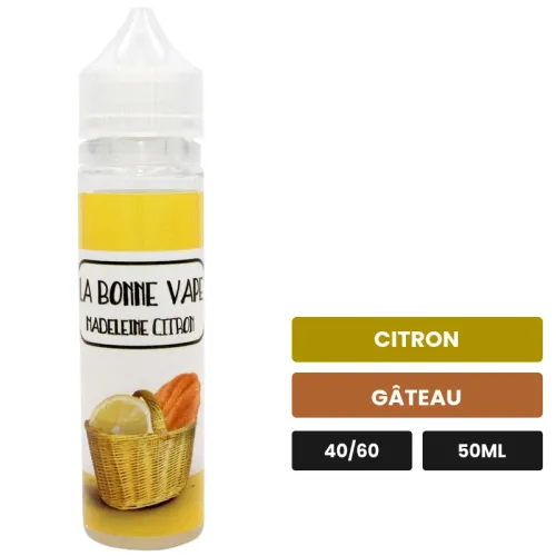 E-liquide Madeleine Citron de La Bonne Vape, 50 ml, saveurs citron et gâteau, sans nicotine — prêt à booster de nicotine.