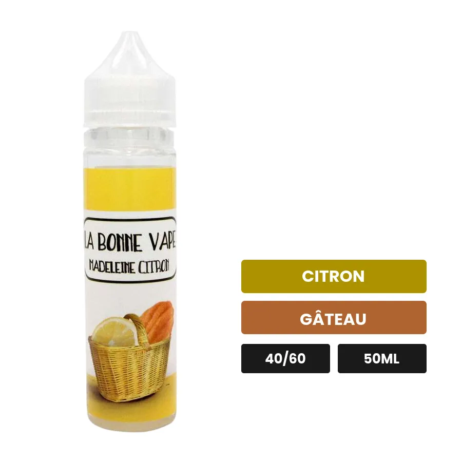 E-liquide Madeleine Citron de La Bonne Vape, 50 ml, saveurs citron et gâteau, sans nicotine — prêt à booster de nicotine.