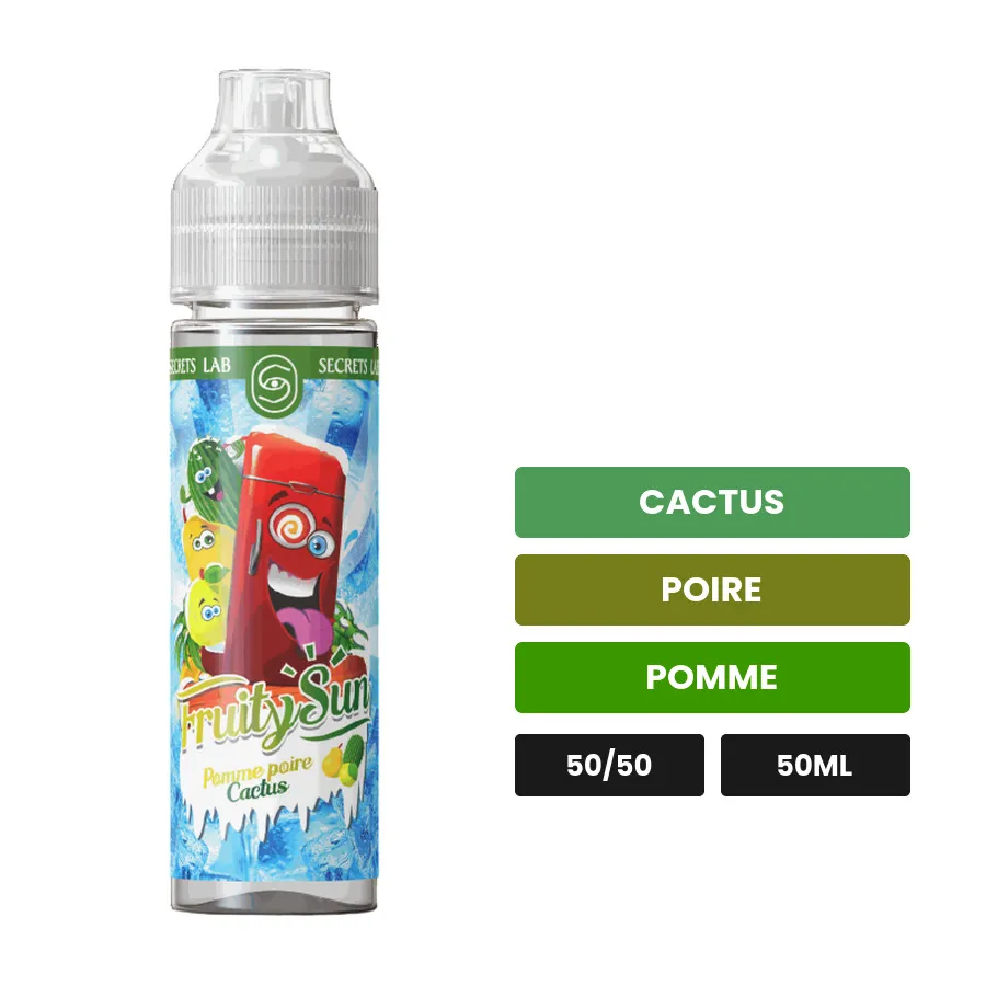 E-liquide Pomme Poire Cactus Fruity Sun de Secret's Lab, 50 ml, saveurs cactus, poire et pomme.