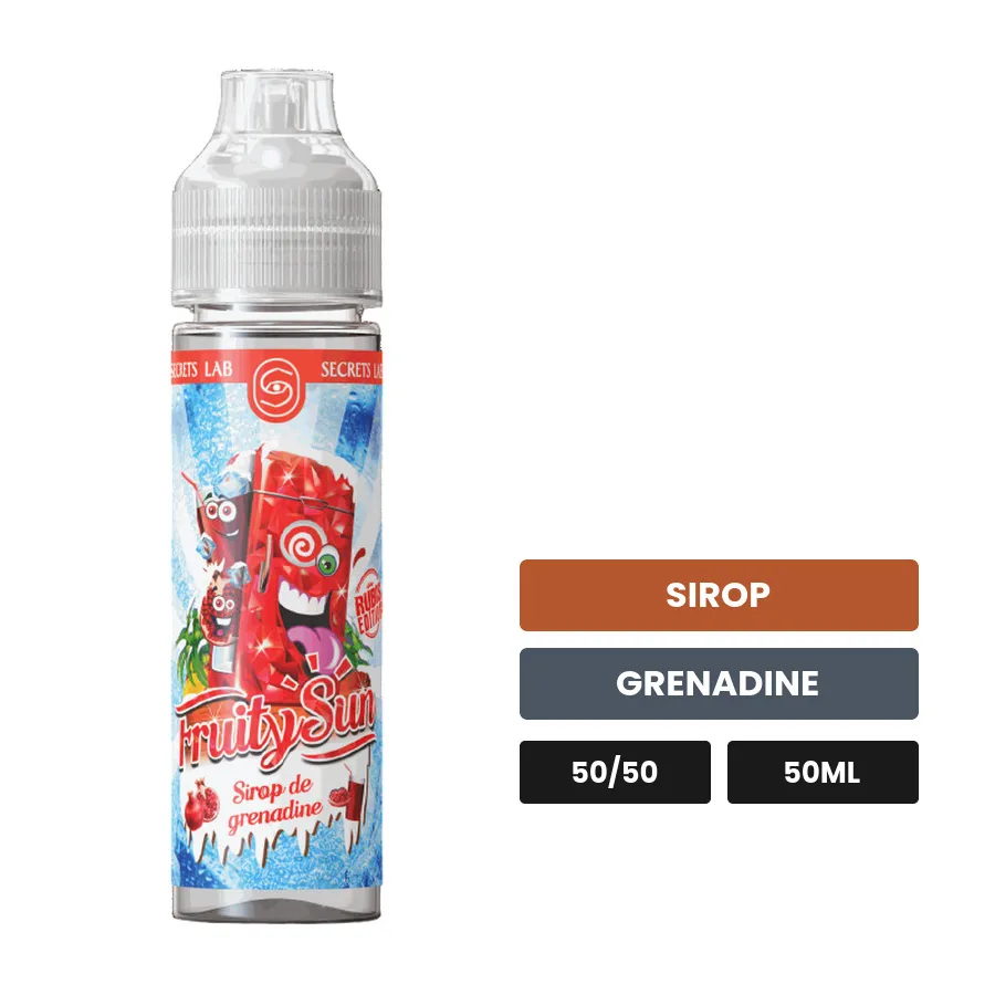 E-liquide Sirop De Grenadine Fruity Sun Edition Rubis de Secret's Lab, 50 ml, saveurs sirop et grenadine.