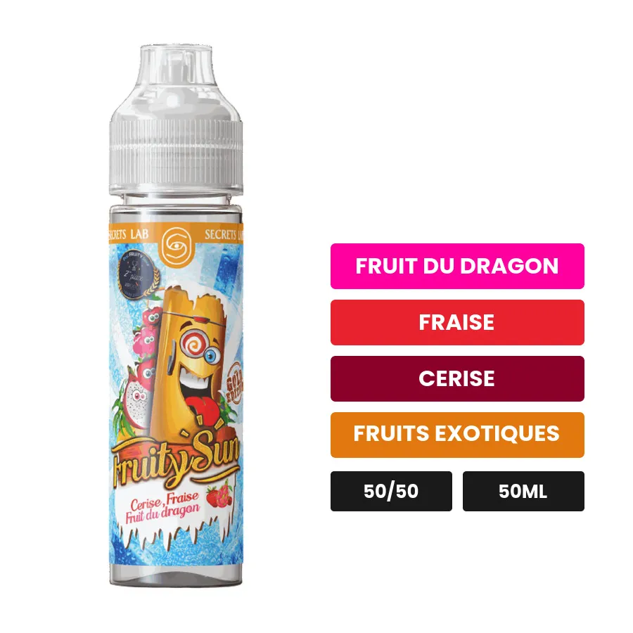 E-liquide Cerise Fraise Fruit Du Dragon Fruity Sun Gold Edition de Secret's Lab, 50 ml, saveurs fruit du dragon, fraise.