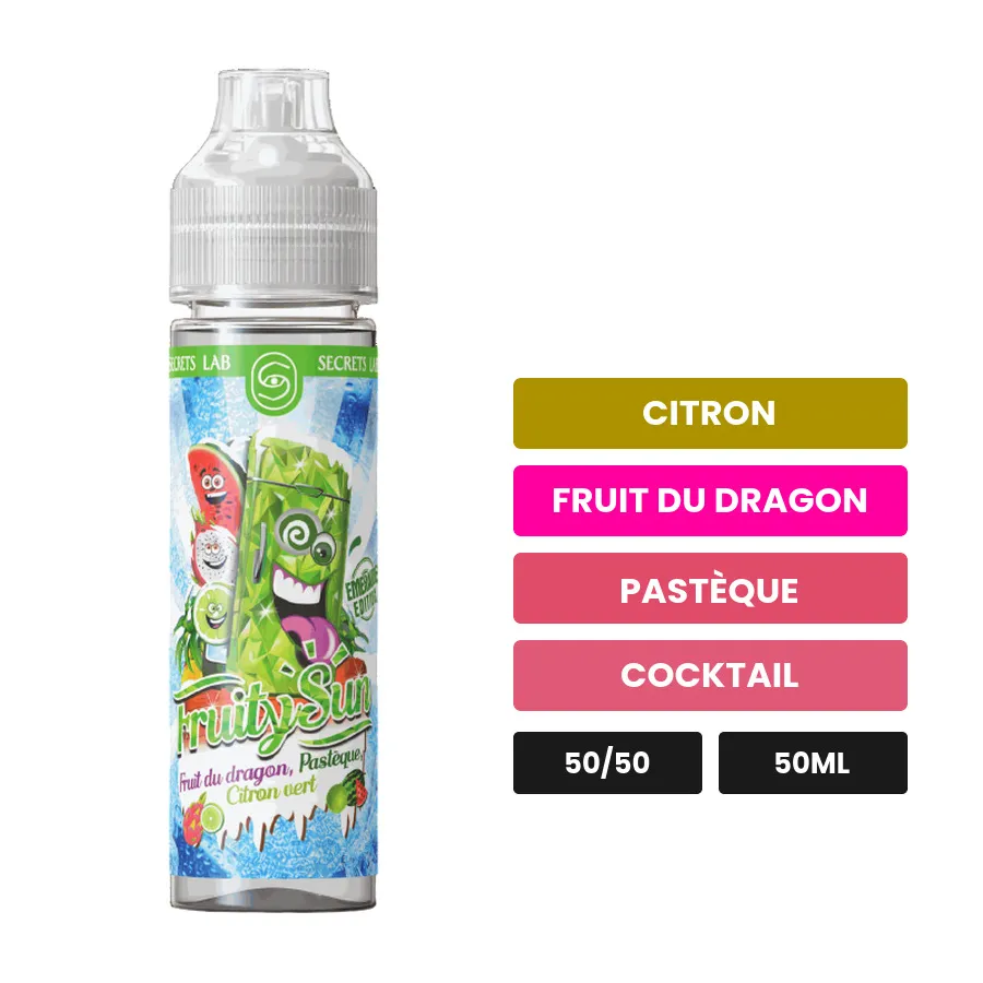 E-liquide Fruit Du Dragon Pastèque Citron Vert Fruity Sun Emeraude Edition de Secret's Lab, 50 ml, saveurs citron, fruit du.