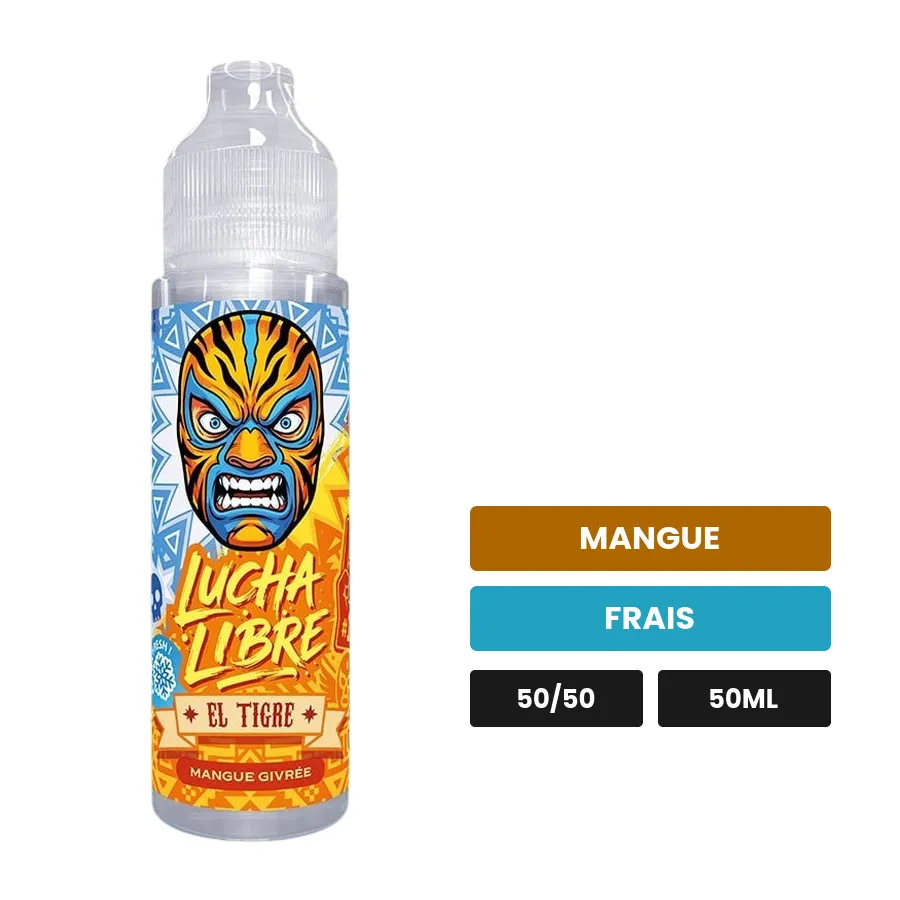 E-liquide El Tigre de Lucha Libre, 50 ml, saveurs mangue et frais.