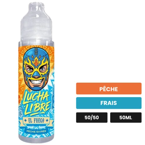 E-liquide El Fuego de Lucha Libre, 50 ml, saveurs pêche et frais.