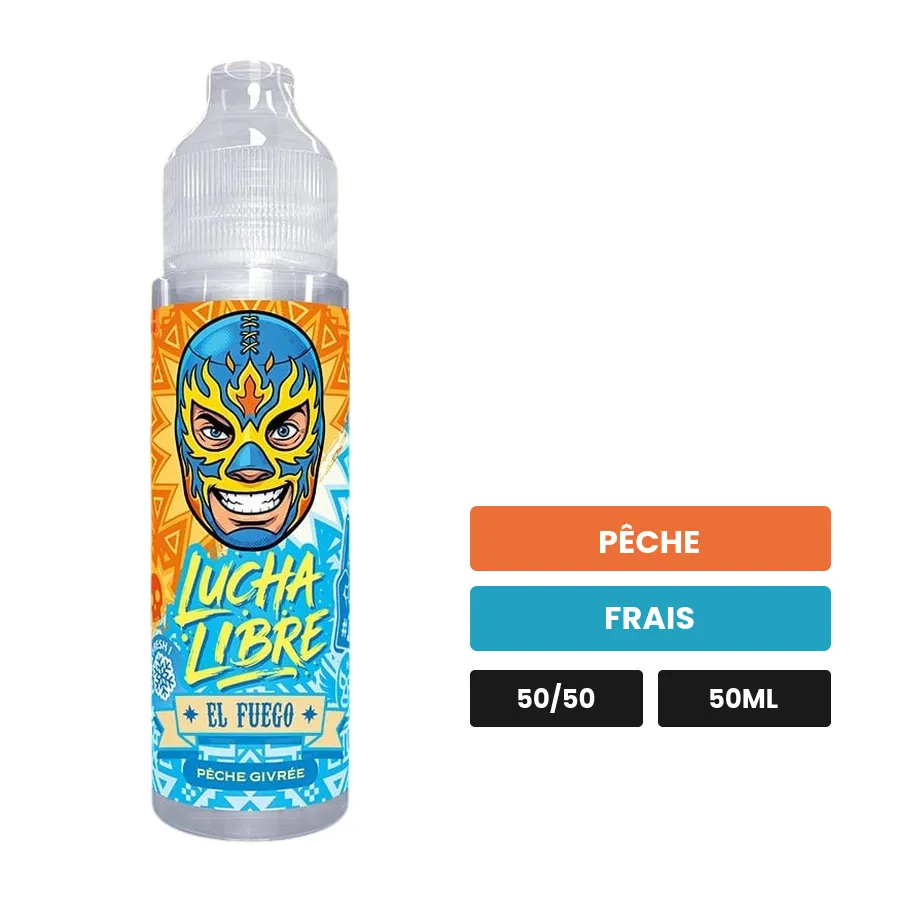 E-liquide El Fuego de Lucha Libre, 50 ml, saveurs pêche et frais.