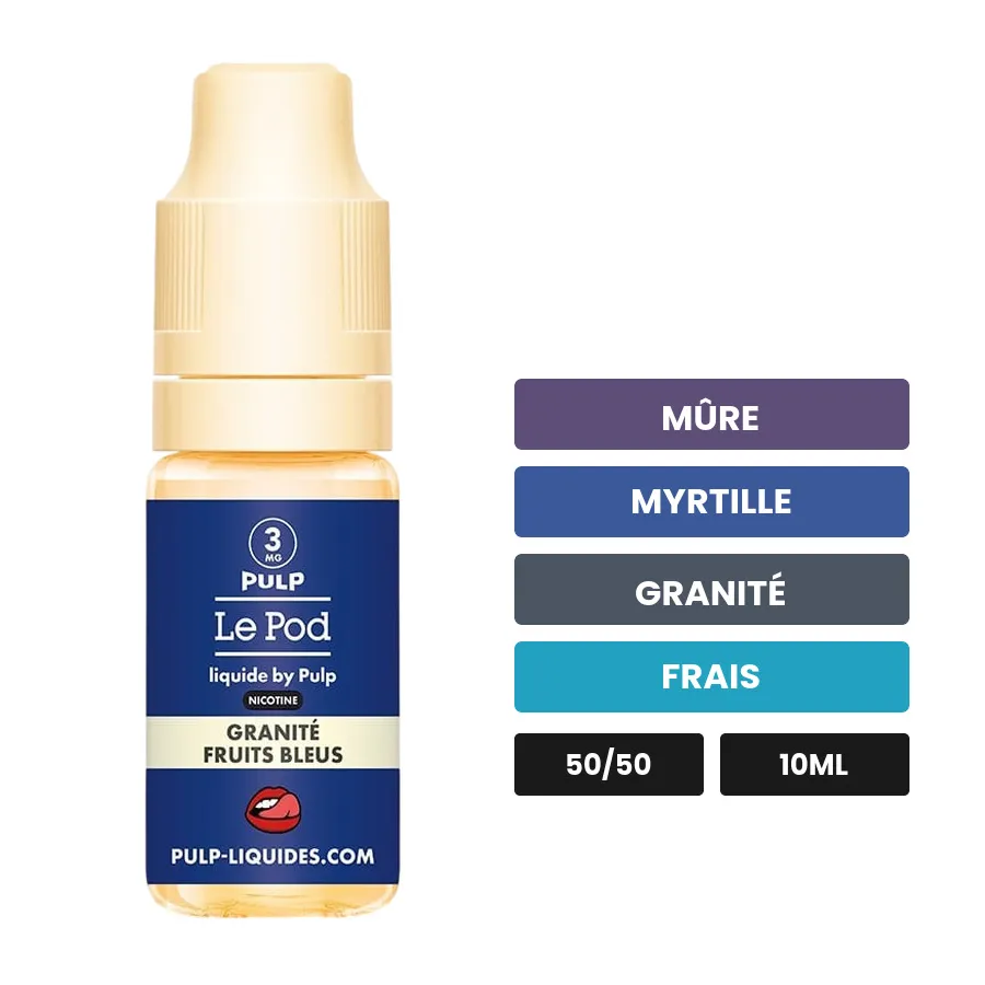 E-liquide Granité Fruits Bleus de Pulp, 10 ml, saveurs mûre, myrtille, granité et 1 autre.