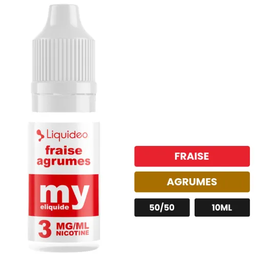 E-liquide Fraise Agrumes de Liquideo, 10 ml, saveurs fraise et agrumes.