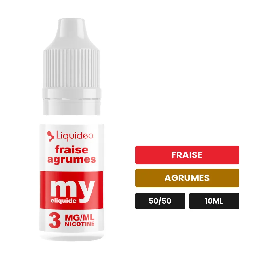 E-liquide Fraise Agrumes de Liquideo, 10 ml, saveurs fraise et agrumes.