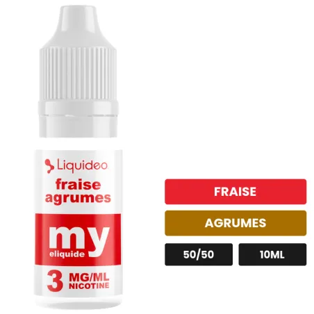 E-liquide Fraise Agrumes de Liquideo, 10 ml, saveurs fraise et agrumes.