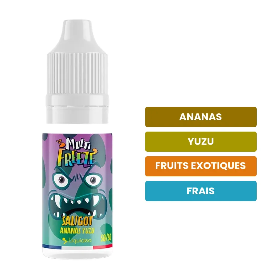 E-liquide Saligot de Liquideo, saveurs ananas, yuzu, fruits exotiques et 1 autre.