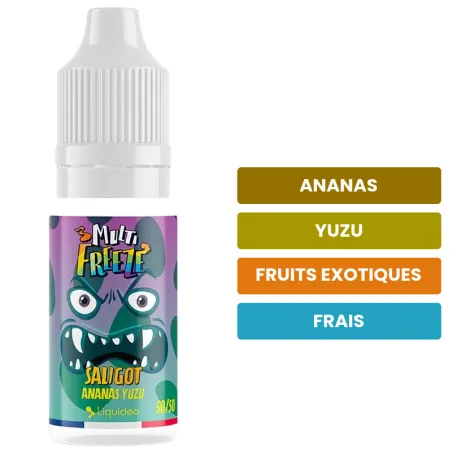 E-liquide Saligot de Liquideo, saveurs ananas, yuzu, fruits exotiques et 1 autre.