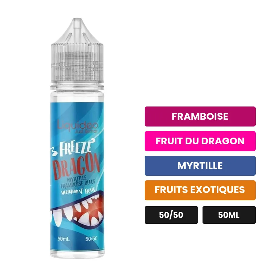 E-liquide Dragon Myrtille Framboise Bleue de Liquideo, 50 ml, saveurs framboise, fruit du dragon, myrtille et 3 autres.