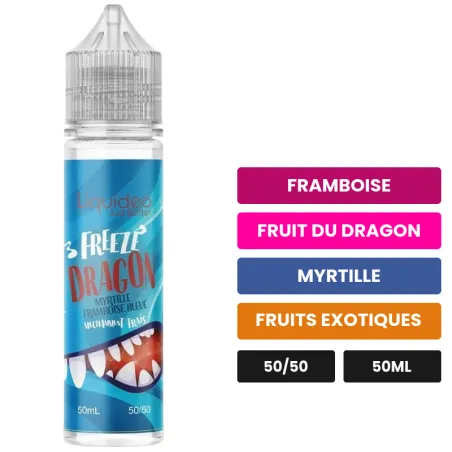 E-liquide Dragon Myrtille Framboise Bleue de Liquideo, 50 ml, saveurs framboise, fruit du dragon, myrtille et 3 autres.