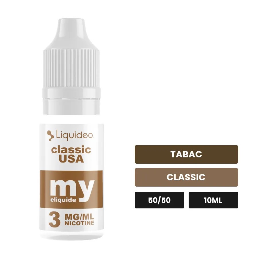 E-liquide Classic USA de Liquideo, 10 ml, saveurs tabac et classic.