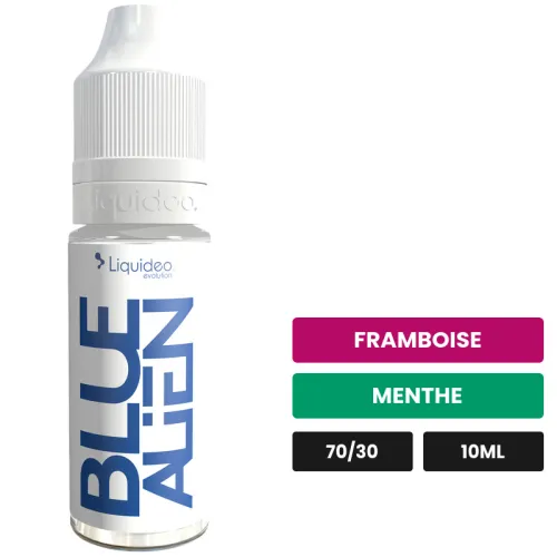 E-liquide Blue Alien de Liquideo, 10 ml, saveurs framboise et menthe, 3 mg de nicotine.