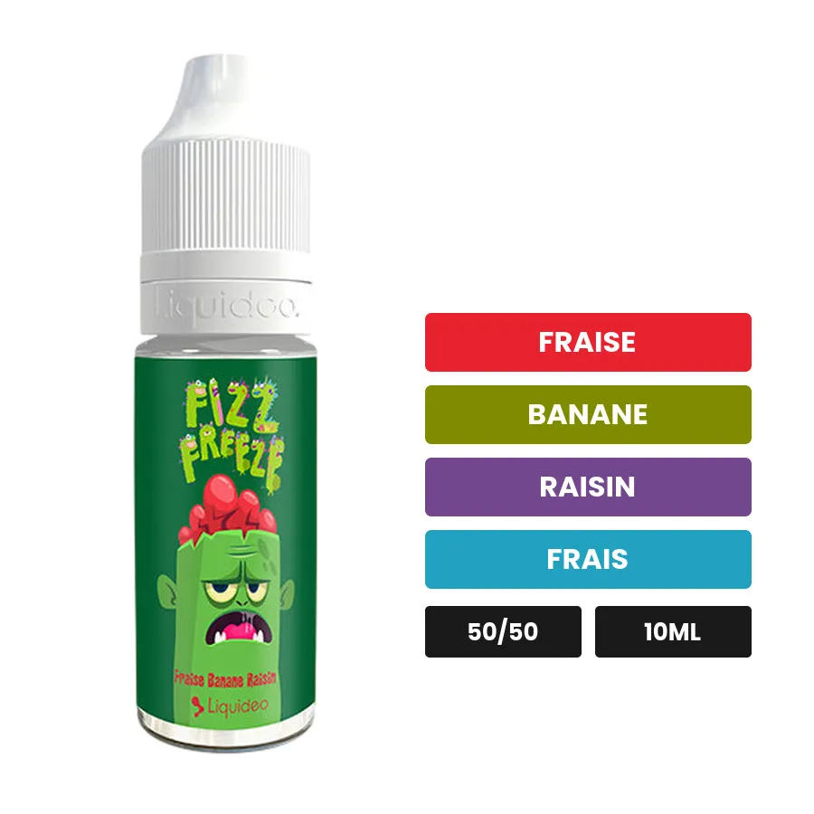 E-liquide Fraise Banane Raisin de Liquideo, 10 ml, saveurs fraise, banane, raisin et 1 autre.