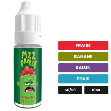 E-liquide Fraise Banane Raisin de Liquideo, 10 ml, saveurs fraise, banane, raisin et 1 autre.