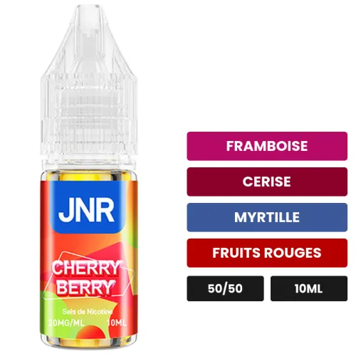 E-liquide Cherry Berry de Jnr, 10 ml, saveurs framboise, cerise, myrtille et 1 autre.