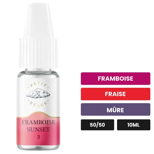 E-liquide Framboise Sunset de Petit Nuage, 10 ml, saveurs framboise, fraise et mûre, 3 mg de nicotine.