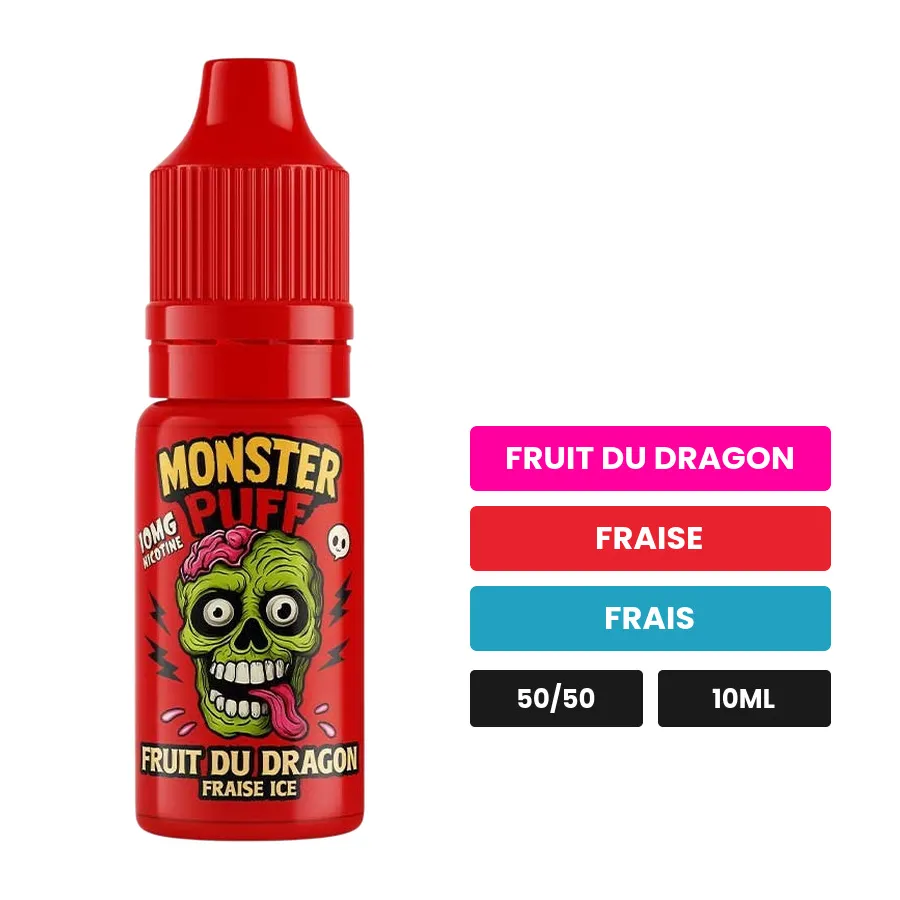E-liquide Fruit du dragon Fraise Ice de Monster Puff, 10 ml, saveurs fruit du dragon, fraise et frais.