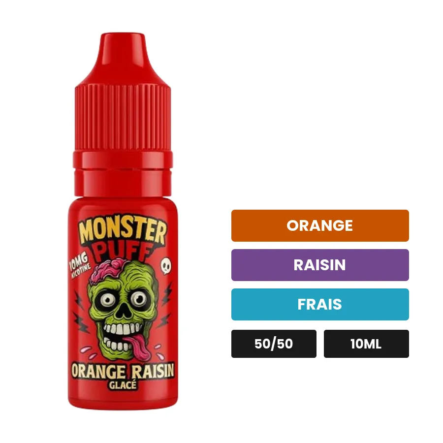 E-liquide Orange Raisin Glacé de Monster Puff, 10 ml, saveurs orange, raisin et frais.
