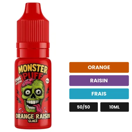 E-liquide Orange Raisin Glacé de Monster Puff, 10 ml, saveurs orange, raisin et frais.