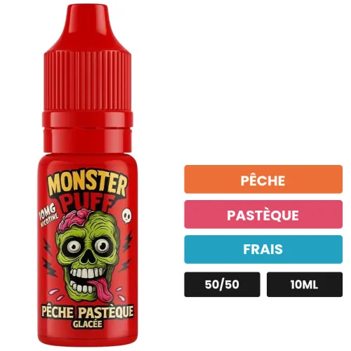 E-liquide Pêche Pastèque Glacée de Monster Puff, 10 ml, saveurs pêche, pastèque et frais, 10 mg de nicotine.