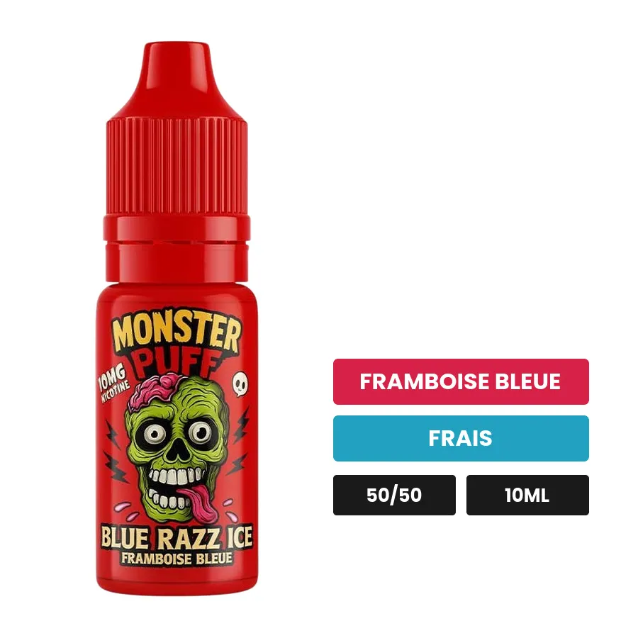 E-liquide Blue Razz Ice de Monster Puff, 10 ml, saveurs framboise bleue et frais.