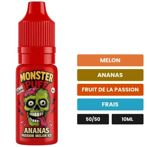 E-liquide Ananas Passion Melon Ice de Monster Puff, 10 ml, saveurs melon, ananas, fruit de la passion et 1 autre.