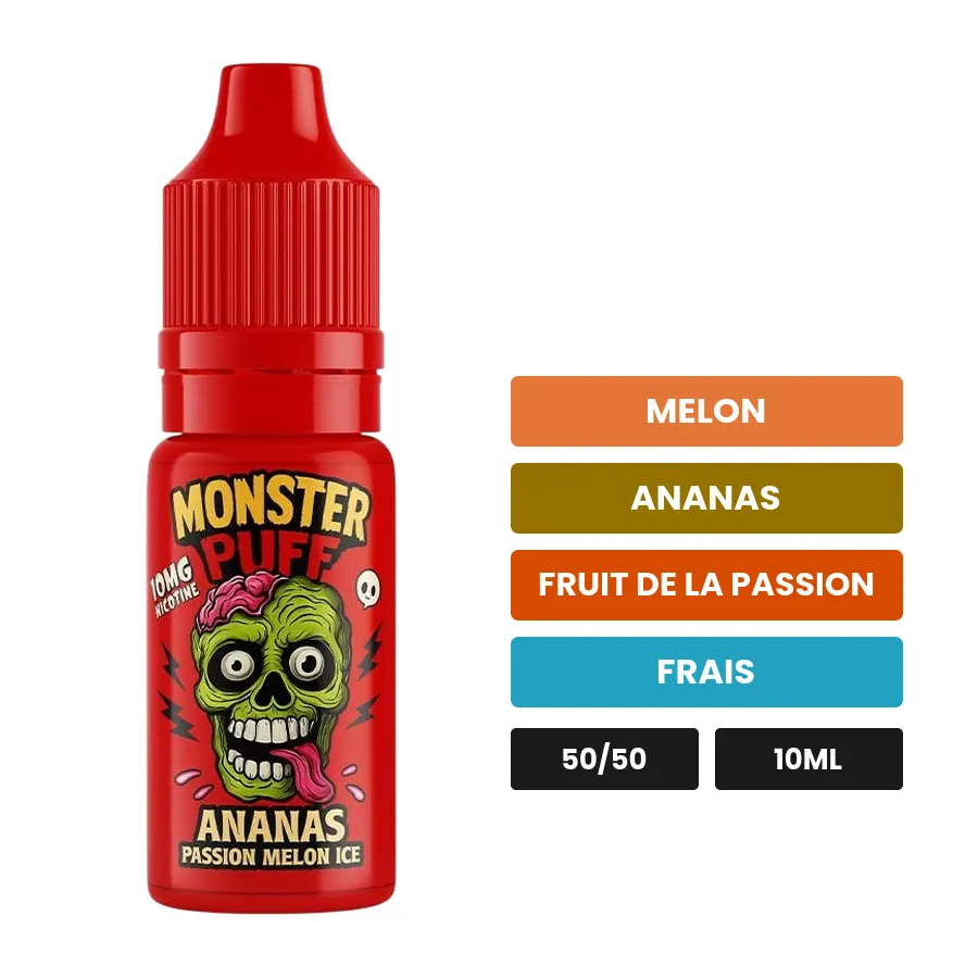 E-liquide Ananas Passion Melon Ice de Monster Puff, 10 ml, saveurs melon, ananas, fruit de la passion et 1 autre.
