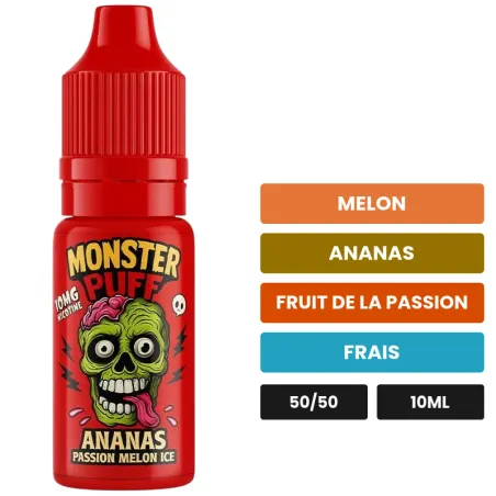 E-liquide Ananas Passion Melon Ice de Monster Puff, 10 ml, saveurs melon, ananas, fruit de la passion et 1 autre.