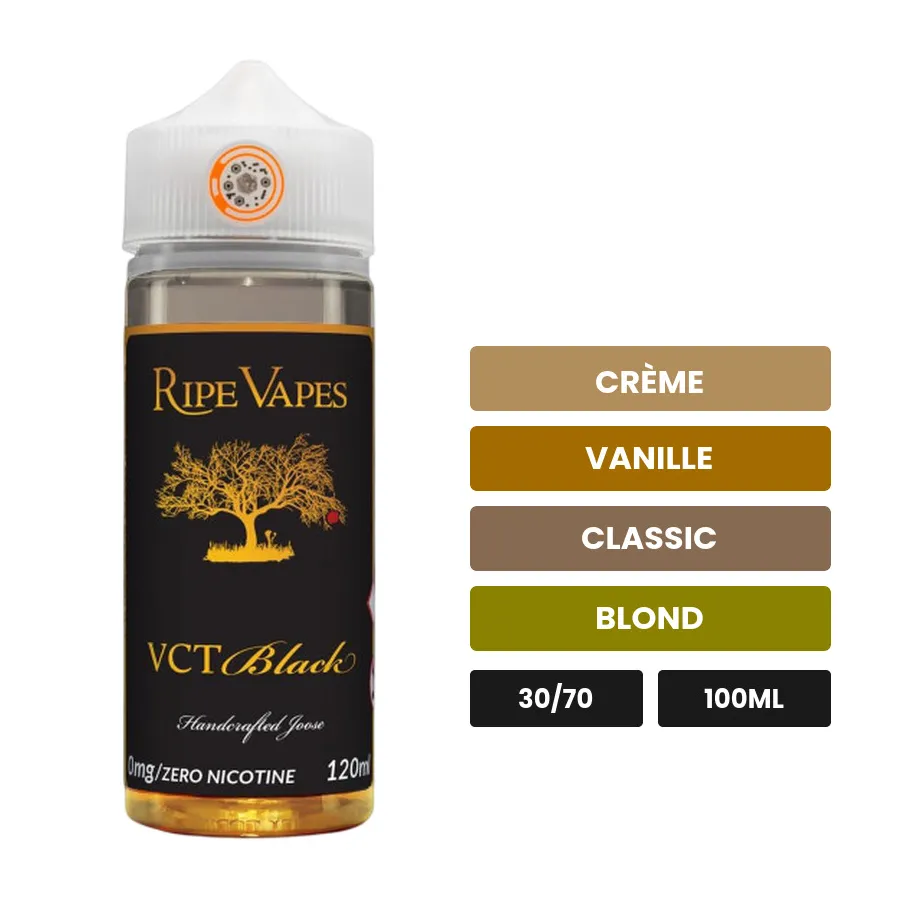 E-liquide VCT Black de Ripe Vapes, 100 ml, saveurs crème, vanille, classic et 1 autre.