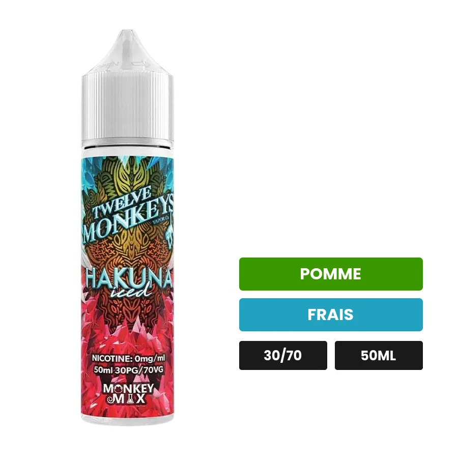 E-liquide Hakuna Iced de 12 Monkeys, 50 ml, saveurs pomme et frais.
