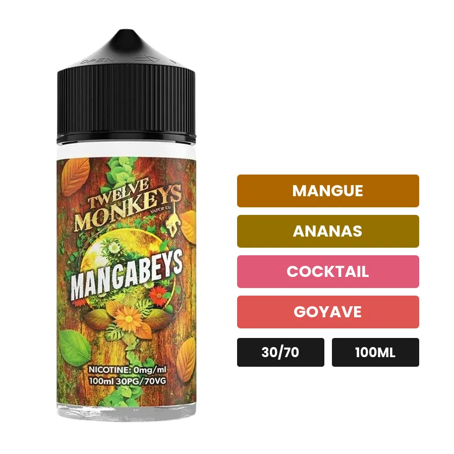 E-liquide Mangabeys de 12 Monkeys, 100 ml, saveurs mangue, ananas, cocktail et 1 autre.