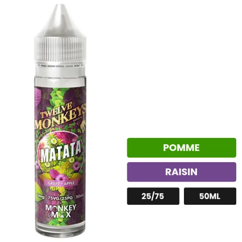 E-liquide Matata de 12 Monkeys, 50 ml, saveurs pomme et raisin, sans nicotine — prêt à booster de nicotine.