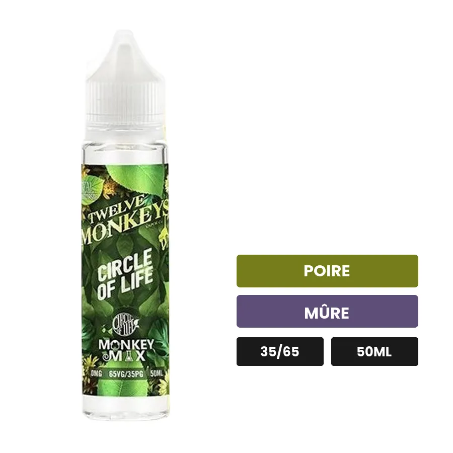 E-liquide Circle Of Life de 12 Monkeys, 50 ml, saveurs poire et mûre, sans nicotine — prêt à booster de nicotine.