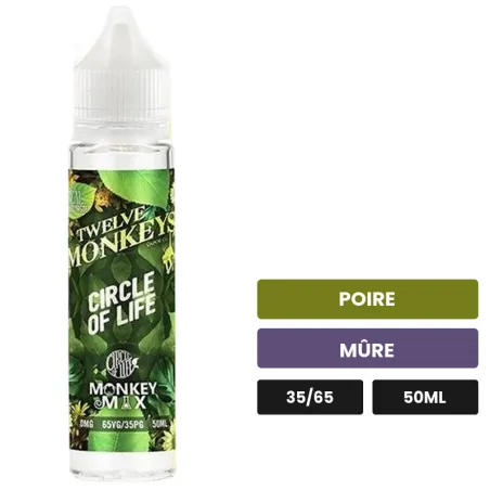 E-liquide Circle Of Life de 12 Monkeys, 50 ml, saveurs poire et mûre, sans nicotine — prêt à booster de nicotine.