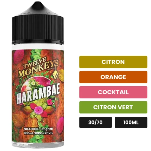 E-liquide Harambae de 12 Monkeys, 100 ml, saveurs citron, orange, cocktail et 5 autres.