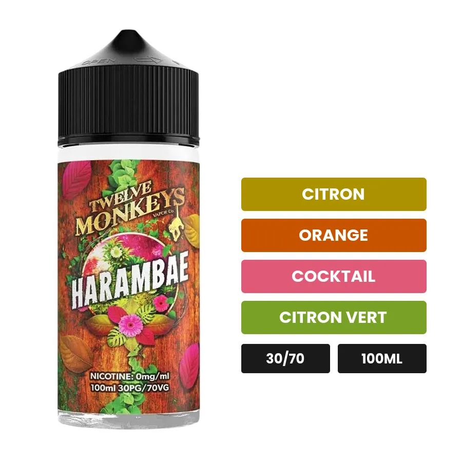 E-liquide Harambae de 12 Monkeys, 100 ml, saveurs citron, orange, cocktail et 5 autres.