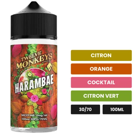 E-liquide Harambae de 12 Monkeys, 100 ml, saveurs citron, orange, cocktail et 5 autres.