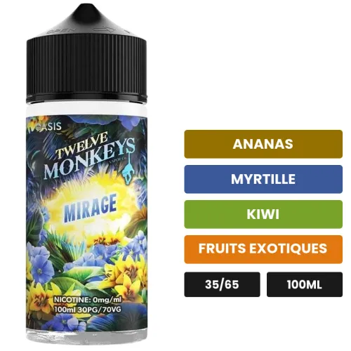 E-liquide Mirage de 12 Monkeys, 100 ml, saveurs ananas, myrtille, kiwi et 1 autre, sans nicotine — prêt à booster de nicotine.