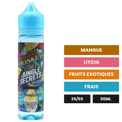 E-liquide Jungle Secrets Iced de 12 Monkeys, 50 ml, saveurs mangue, litchi, fruits exotiques et 1 autre, sans nicotine —.