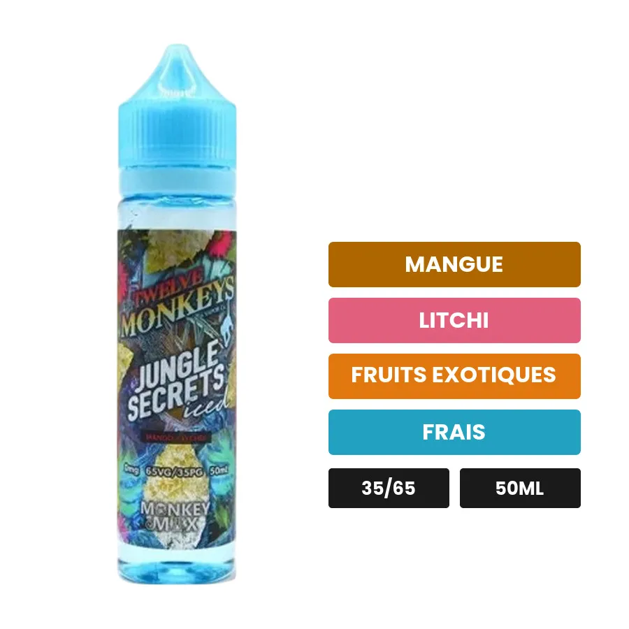 E-liquide Jungle Secrets Iced de 12 Monkeys, 50 ml, saveurs mangue, litchi, fruits exotiques et 1 autre, sans nicotine —.