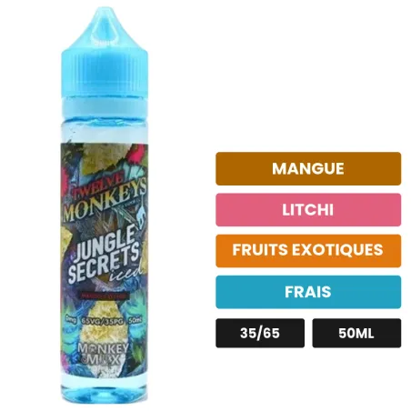 E-liquide Jungle Secrets Iced de 12 Monkeys, 50 ml, saveurs mangue, litchi, fruits exotiques et 1 autre, sans nicotine —.