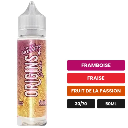 E-liquide Shoku de 12 Monkeys, 50 ml, saveurs framboise, fraise et fruit de la passion, sans nicotine — prêt à booster de.