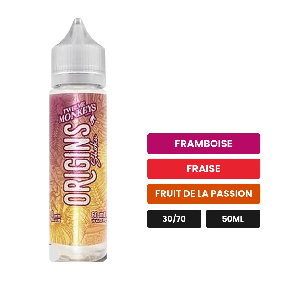 E-liquide Shoku de 12 Monkeys, 50 ml, saveurs framboise, fraise et fruit de la passion, sans nicotine — prêt à booster de.