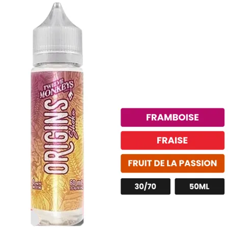 E-liquide Shoku de 12 Monkeys, 50 ml, saveurs framboise, fraise et fruit de la passion, sans nicotine — prêt à booster de.