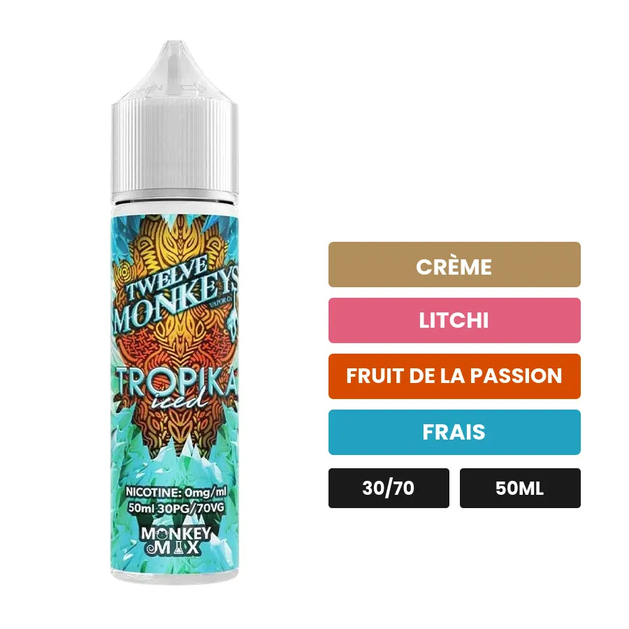 E-liquide Tropika Iced de 12 Monkeys, 50 ml, saveurs crème, litchi, fruit de la passion et 1 autre, sans nicotine — prêt à.
